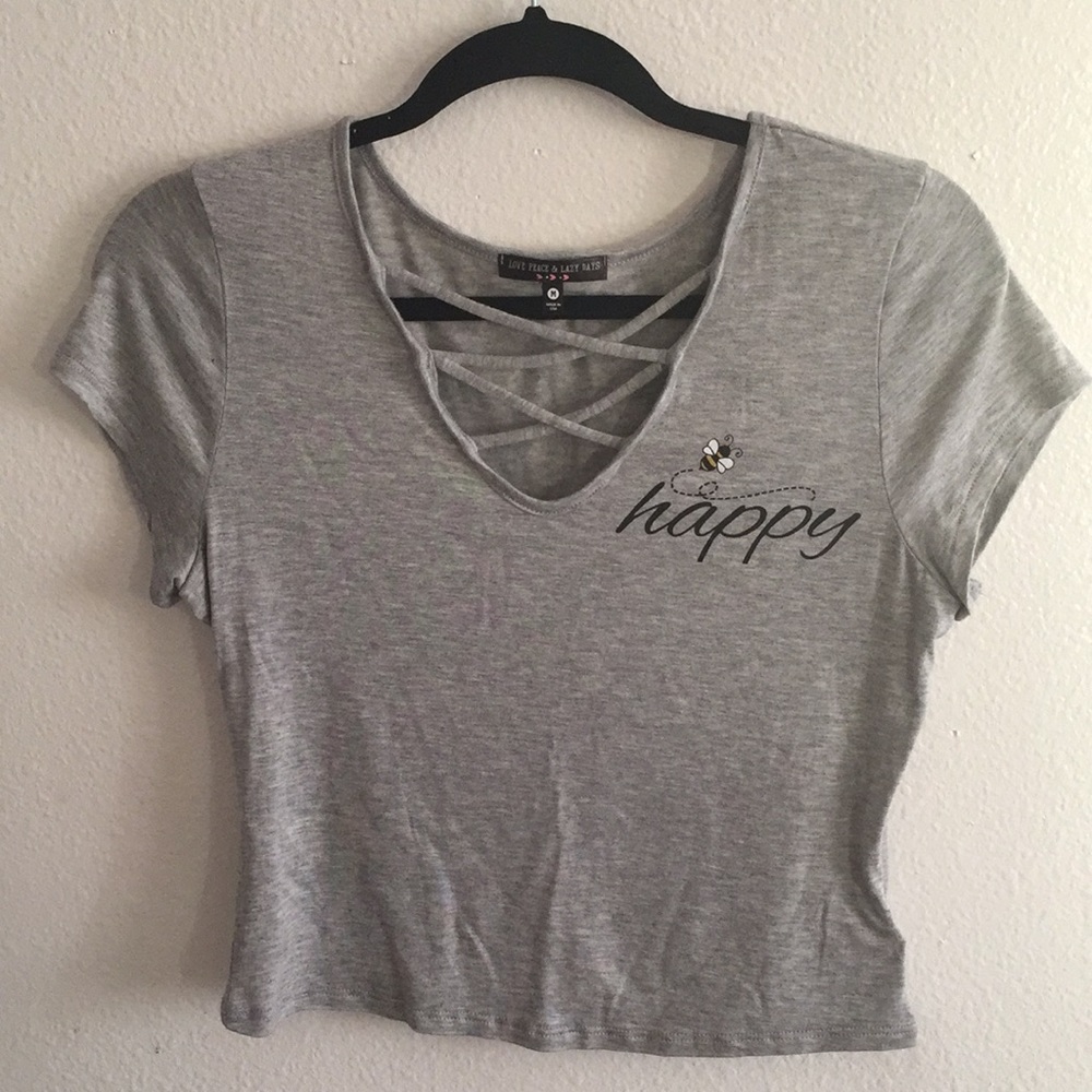 Gray blouse, crisscross V-neck